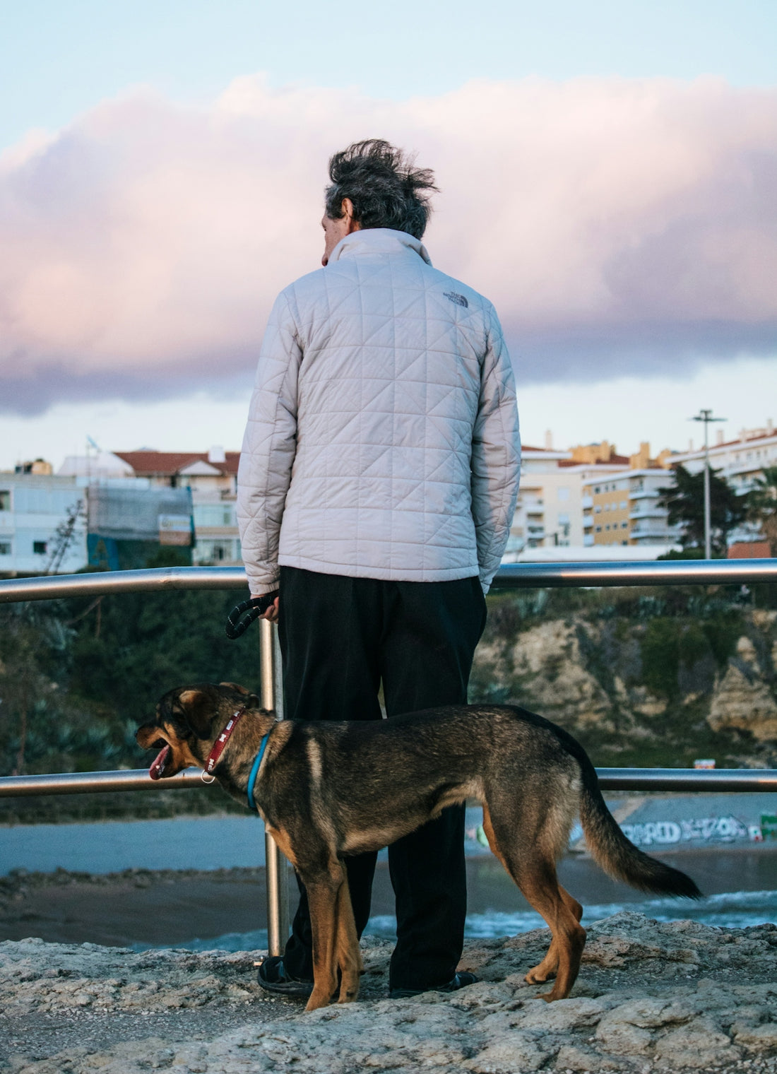 man standing near steel rail while holding dog leash