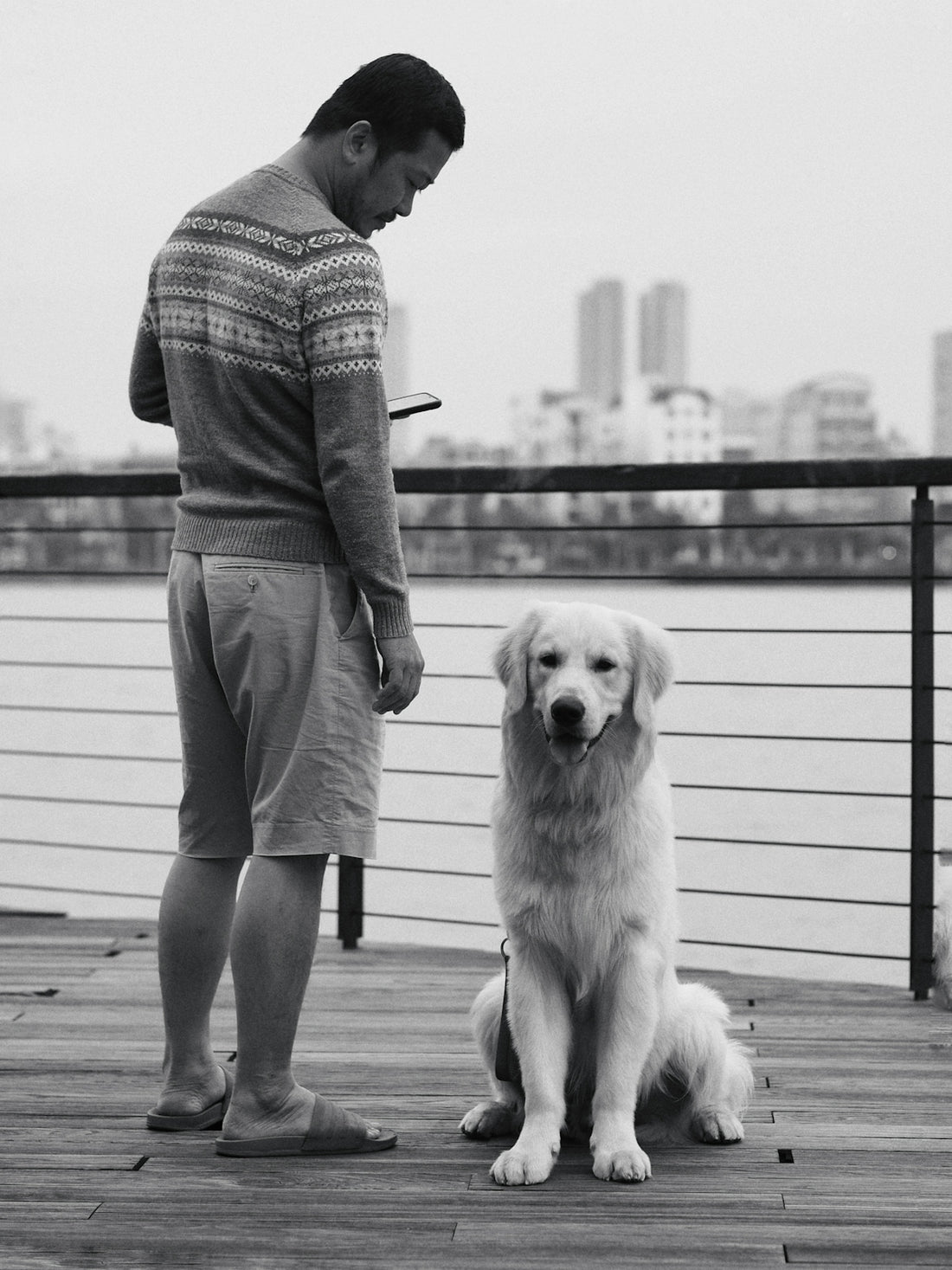 a man standing next to a dog