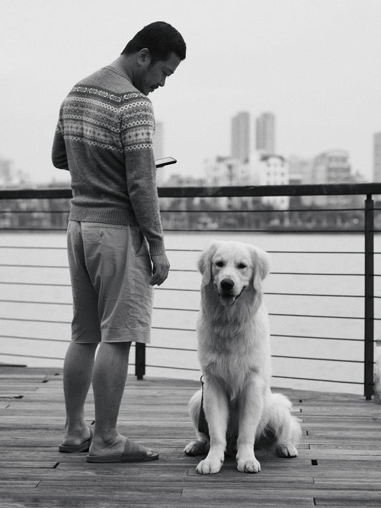 a man standing next to a dog