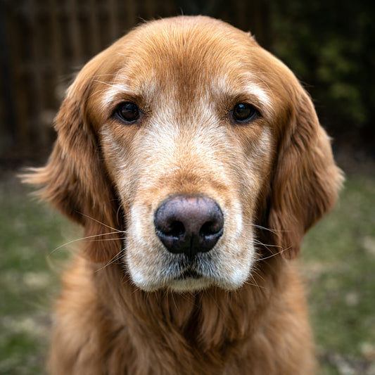 A close up of a dog's face with grass in the background