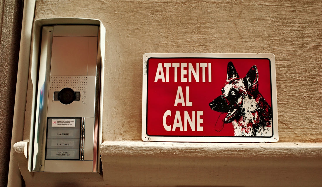 Beware of dog sign next to a doorbell.