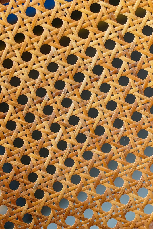 Intricate woven cane pattern with hexagonal holes.