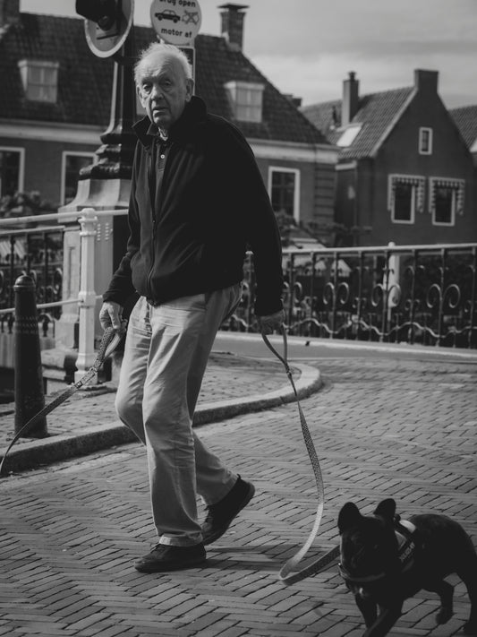 Elderly man walking a small dog on a cobblestone street.